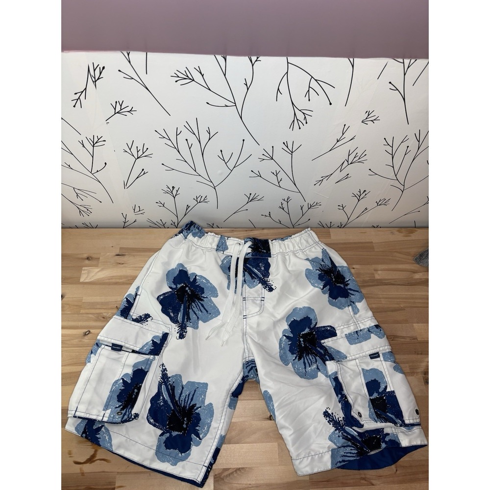 Arizona‎ Jean Company Men's M Board Shorts White Blue Floral Mesh Lining Pockets